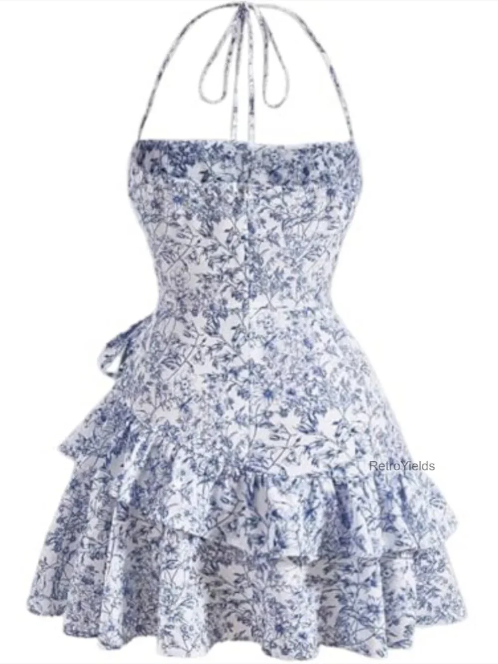 Floral Halter Mini Dress with Ruffle Hem and Tie Backless Detail, S-XL - Picture 4 of 7